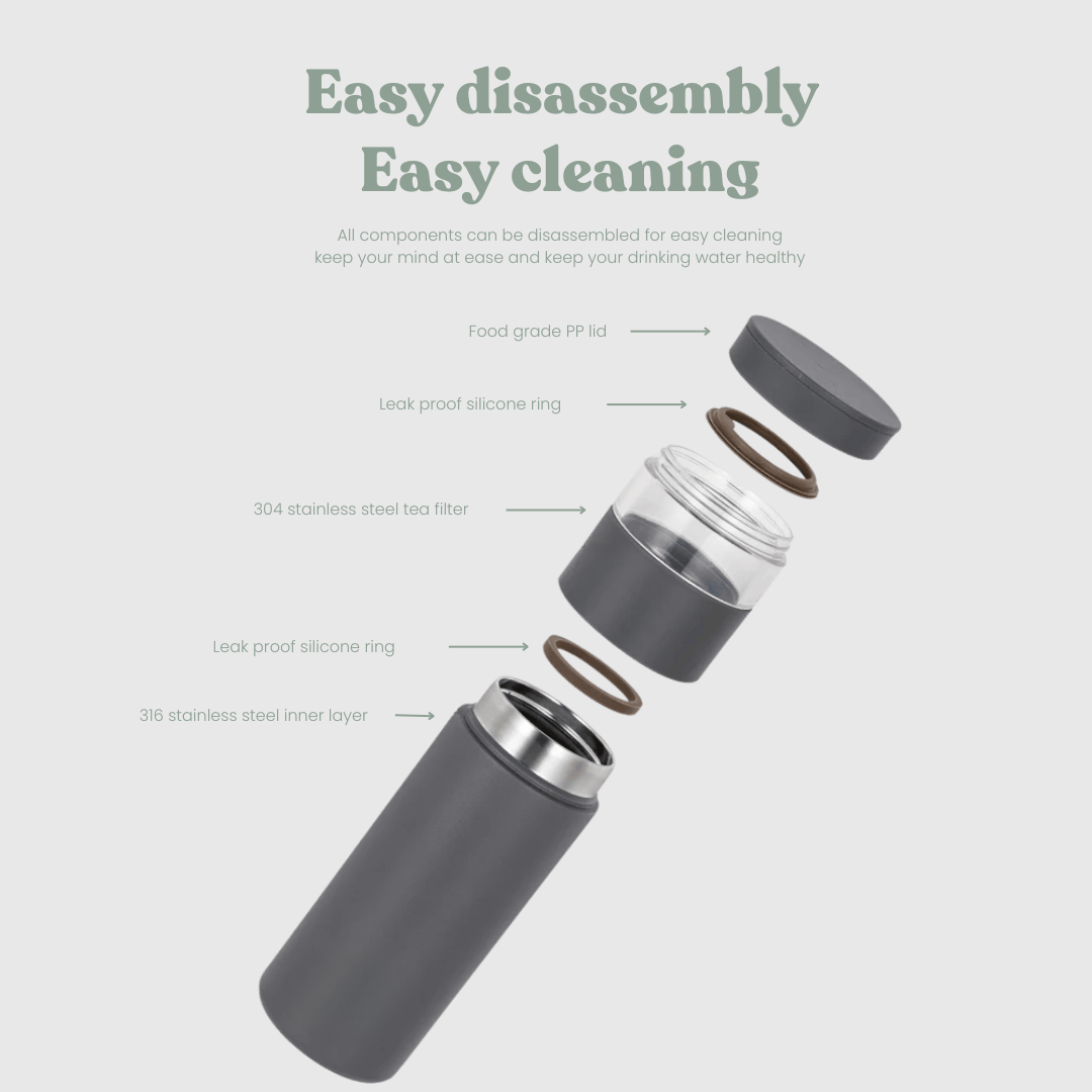 Minimalist Thermal Flask in Green with Built-In Tea Infuser Parts